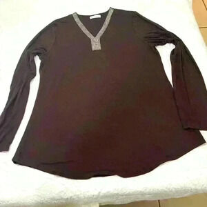 MANER‎ Women's Long Sleeve Work/Casual/Business T-Shirt w/ Beaded V Neck - XXL